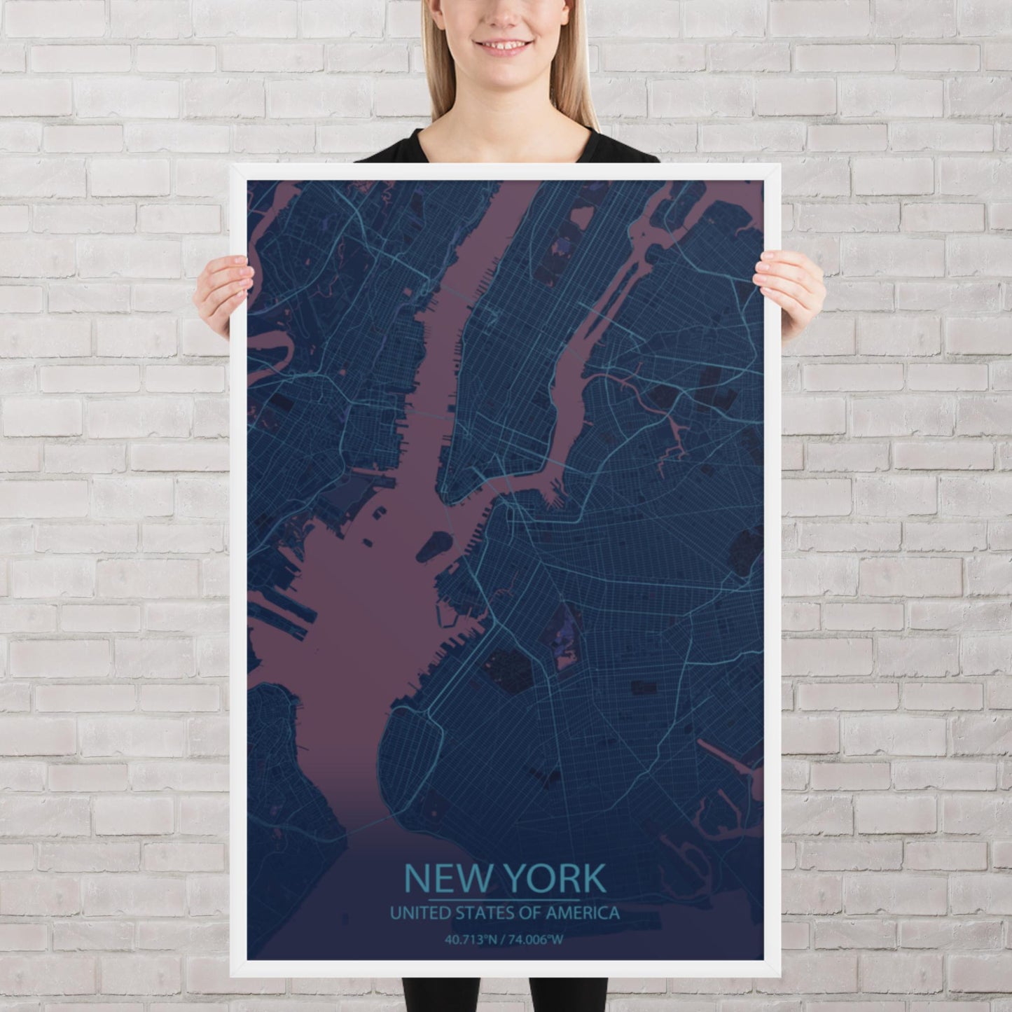 New York Blue and Purple Framed Map