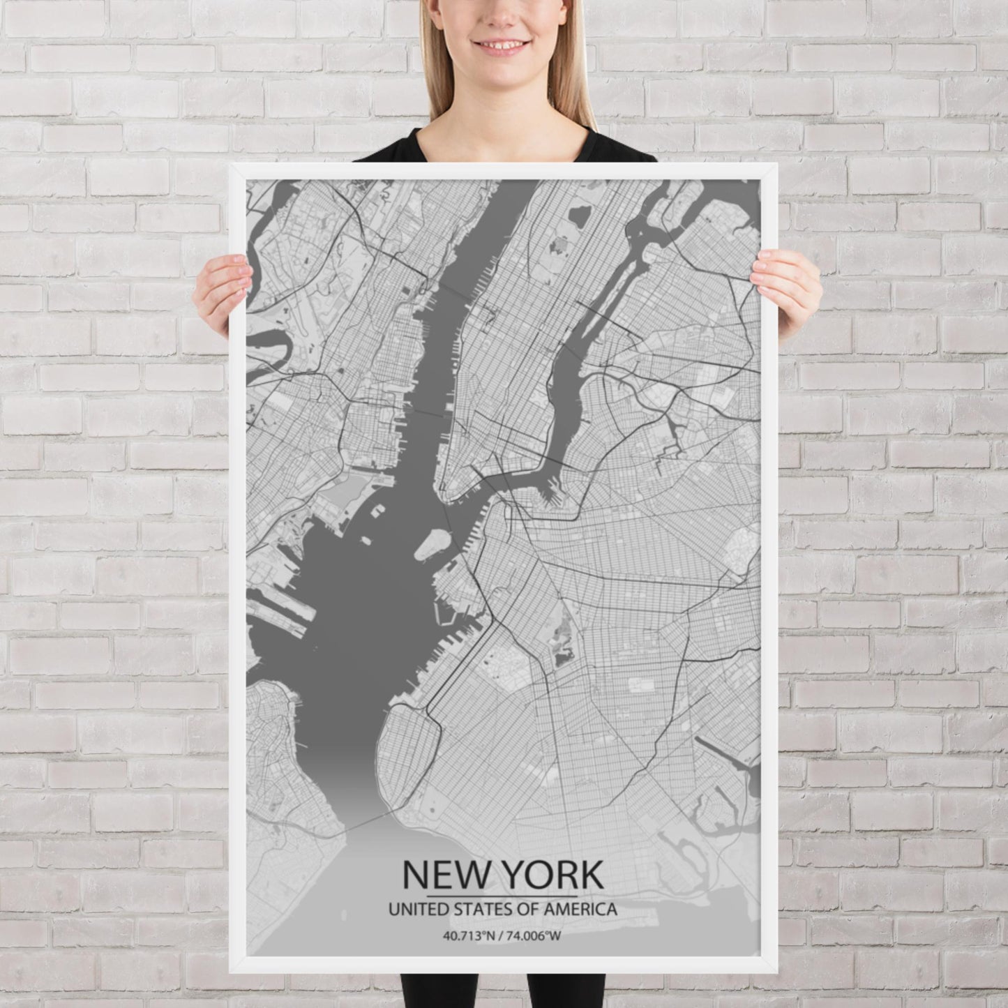 New York Light Grey Framed Map