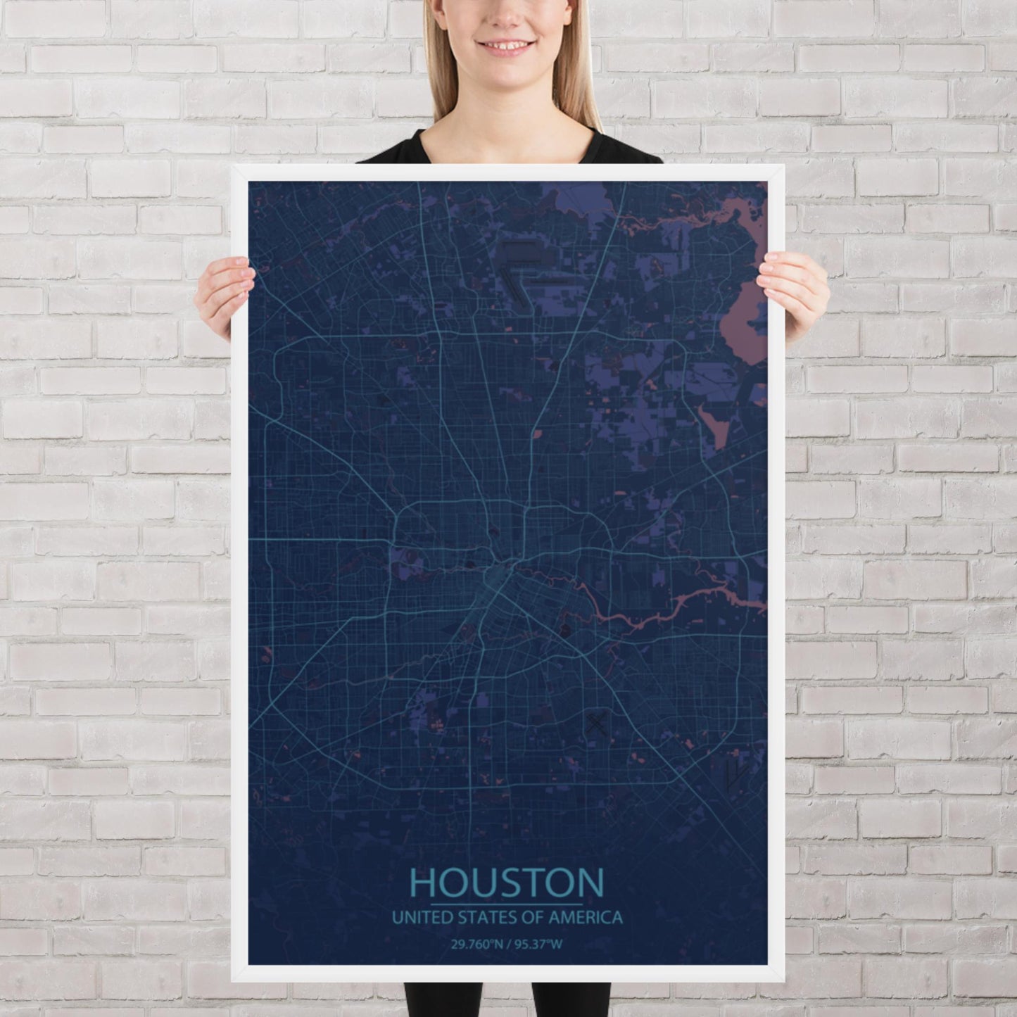 Houston Blue and Purple Framed Map