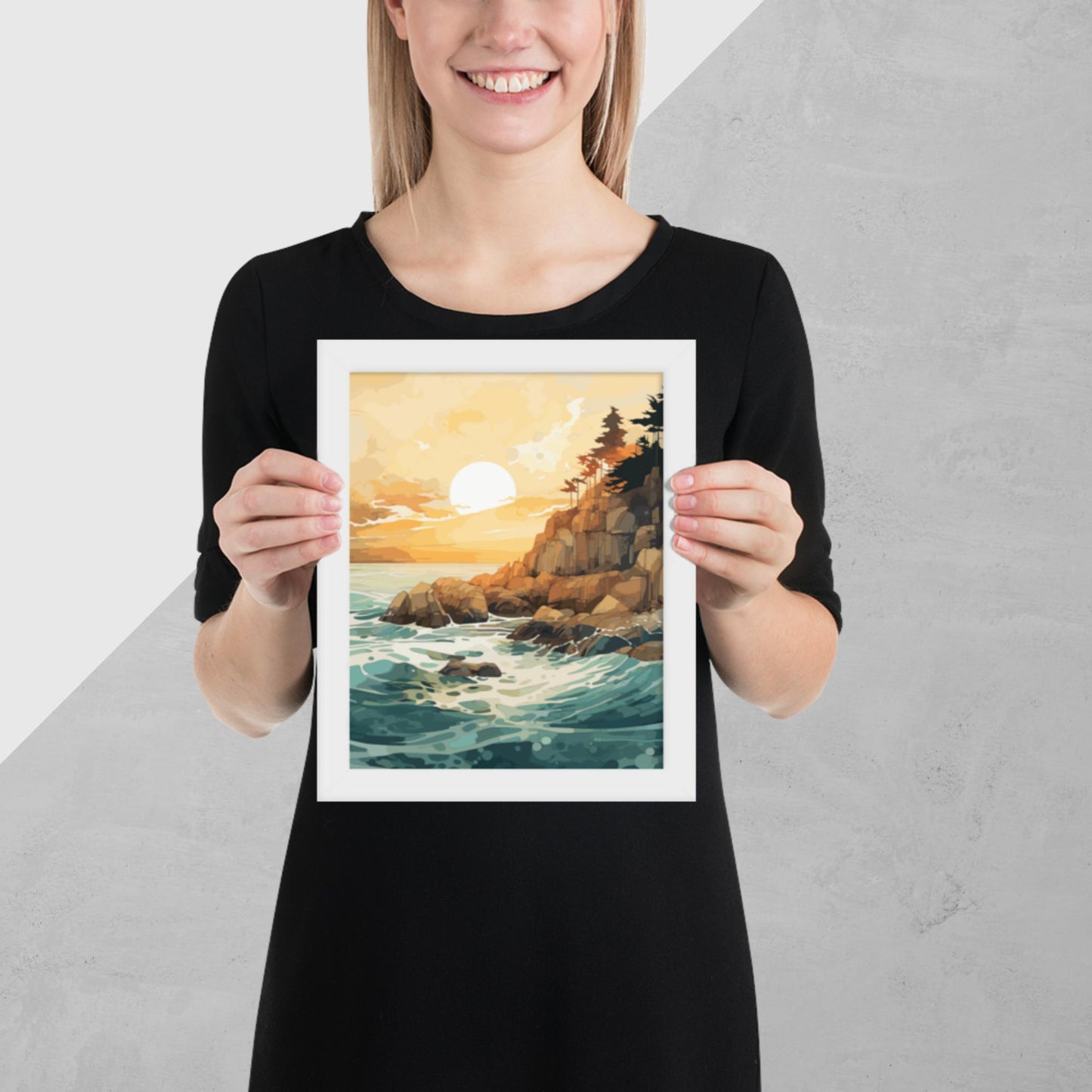 Ocean Rocks Sunset Framed Poster