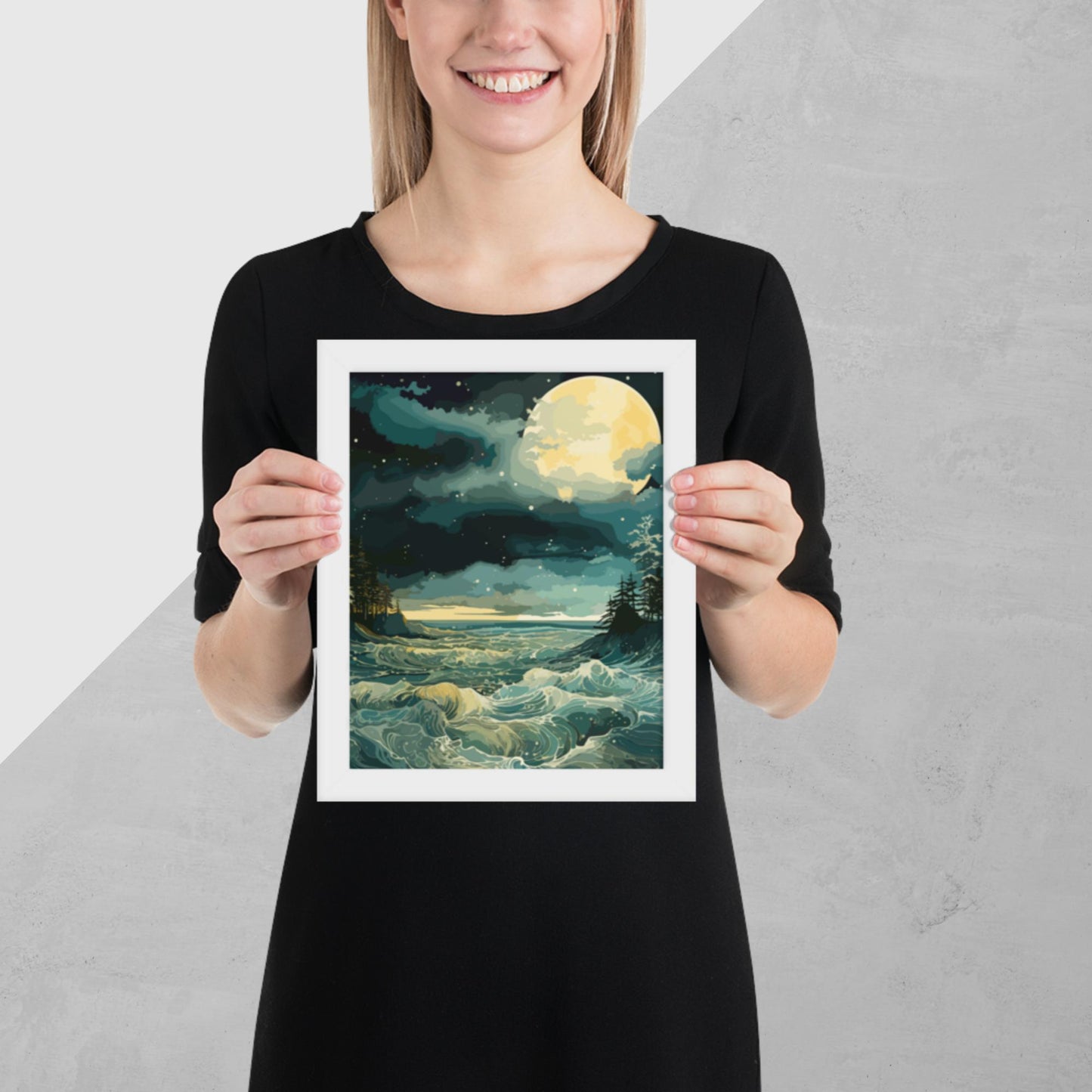 Nighttime Sea Moon Framed Poster