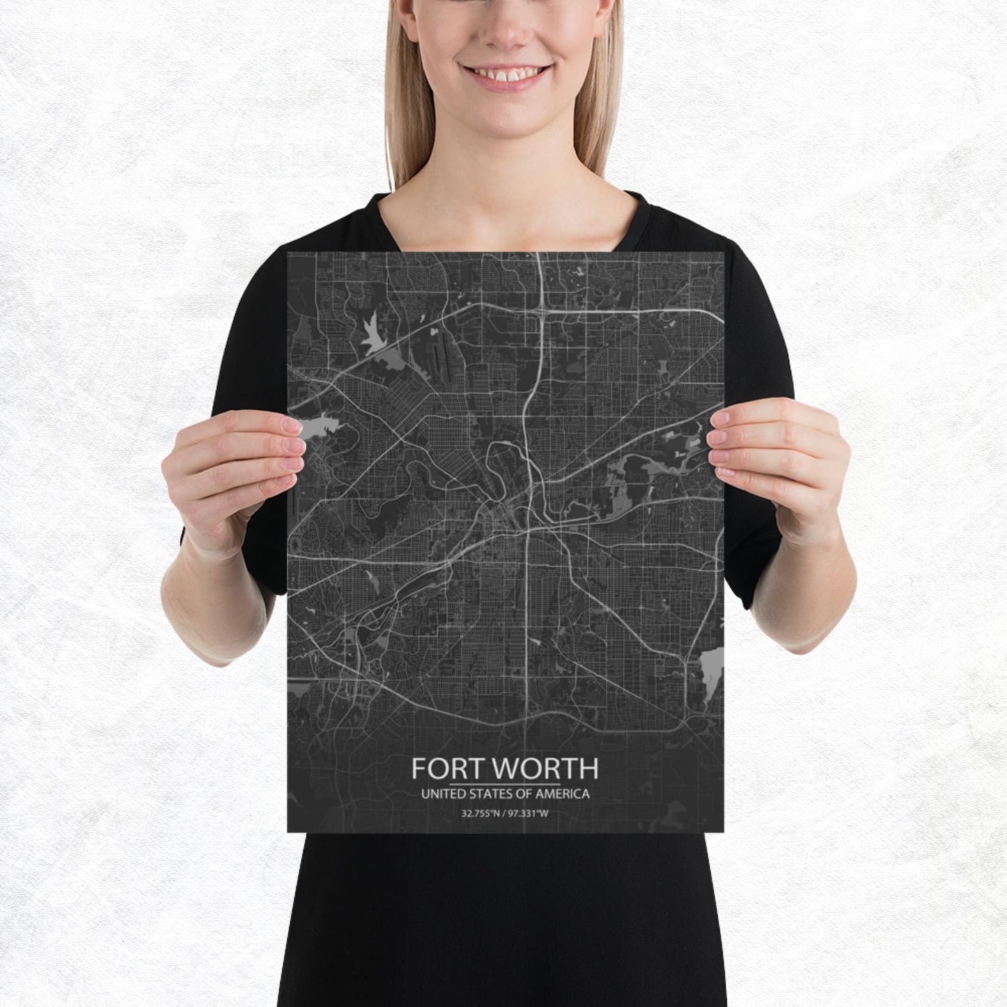 Fort Worth Dark Grey Paper Map