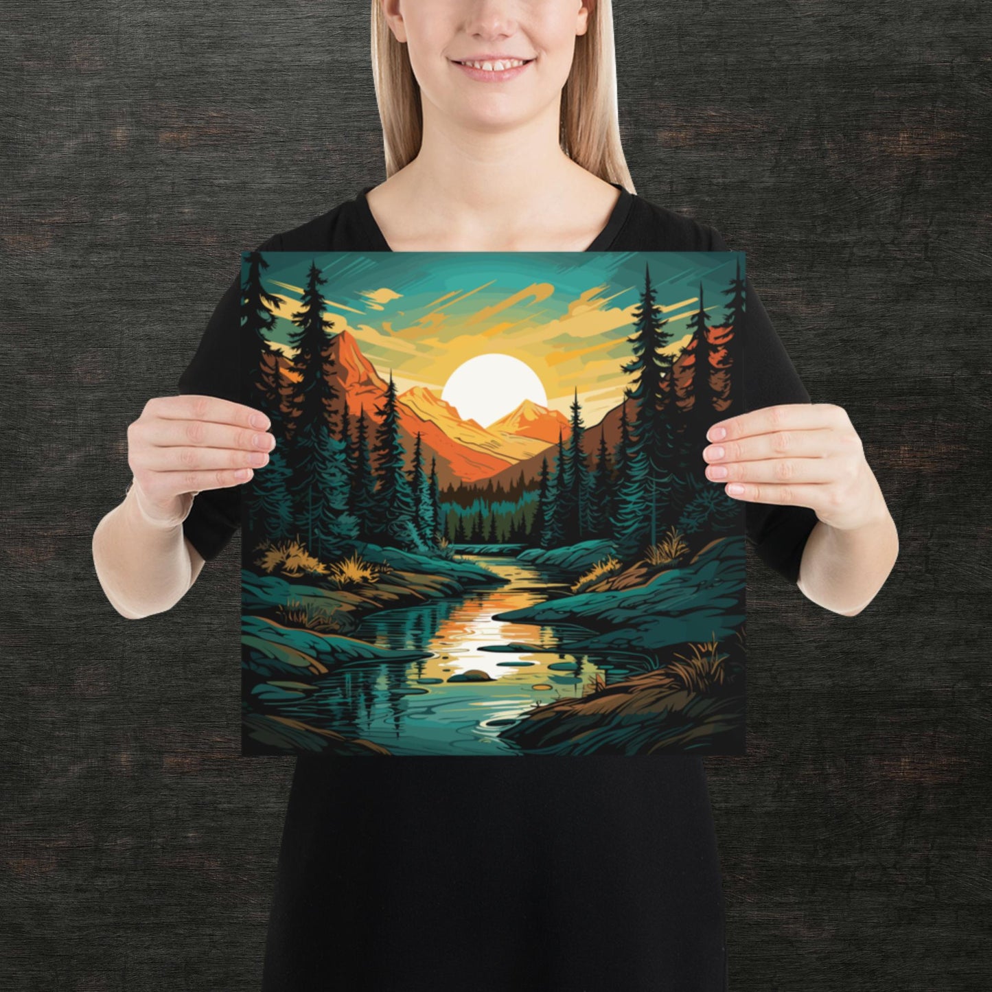 Forest Mountain River Paper Poster