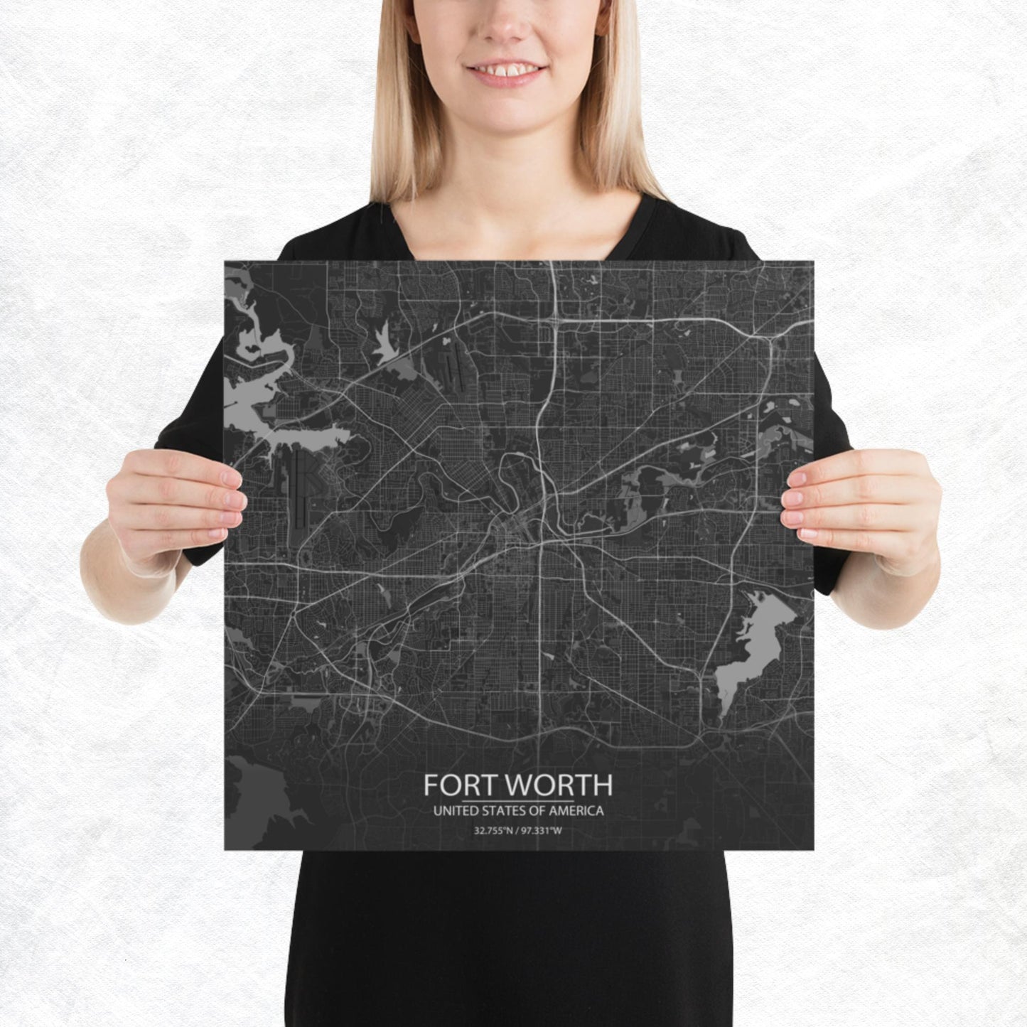 Fort Worth Dark Grey Paper Map