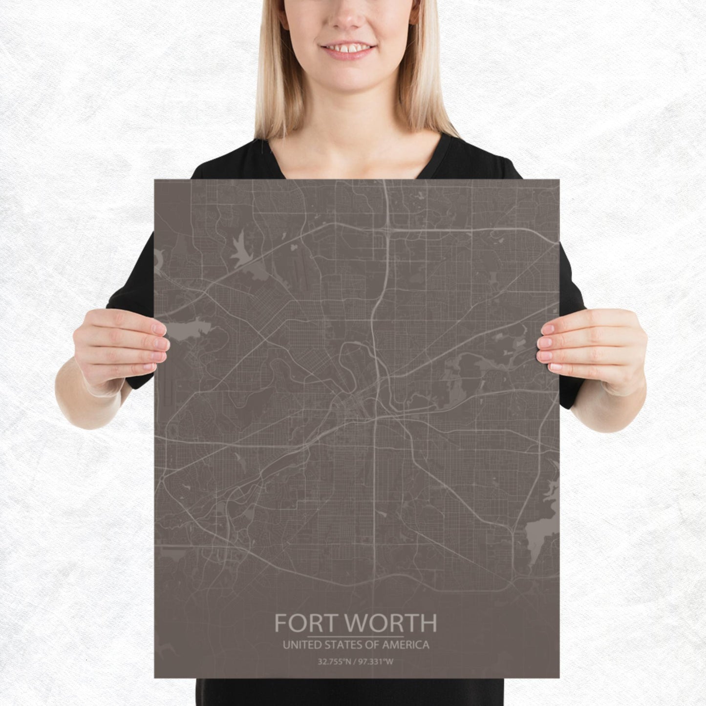 Fort Worth Brown and Grey Paper Map