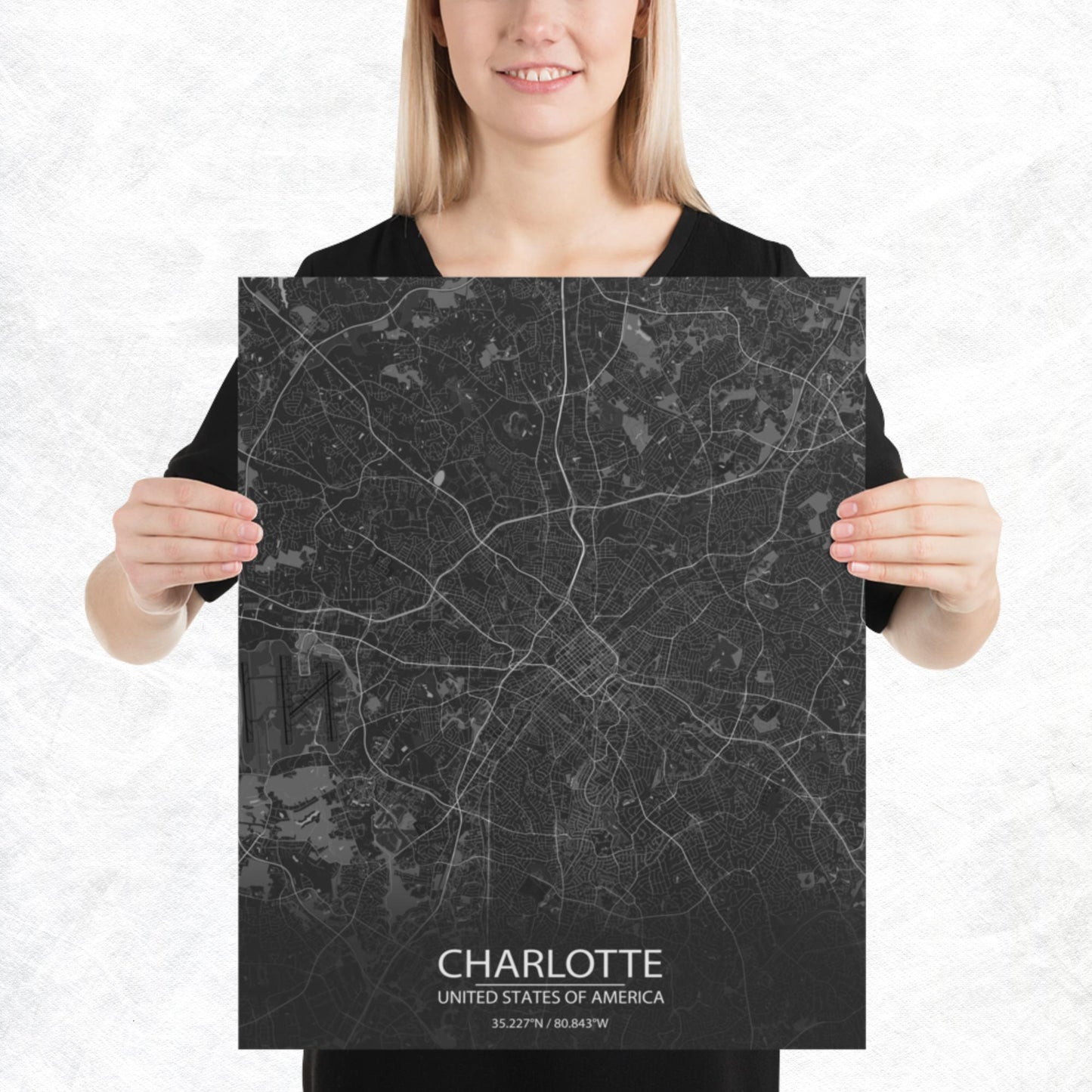 Charlotte Dark Grey Paper Map