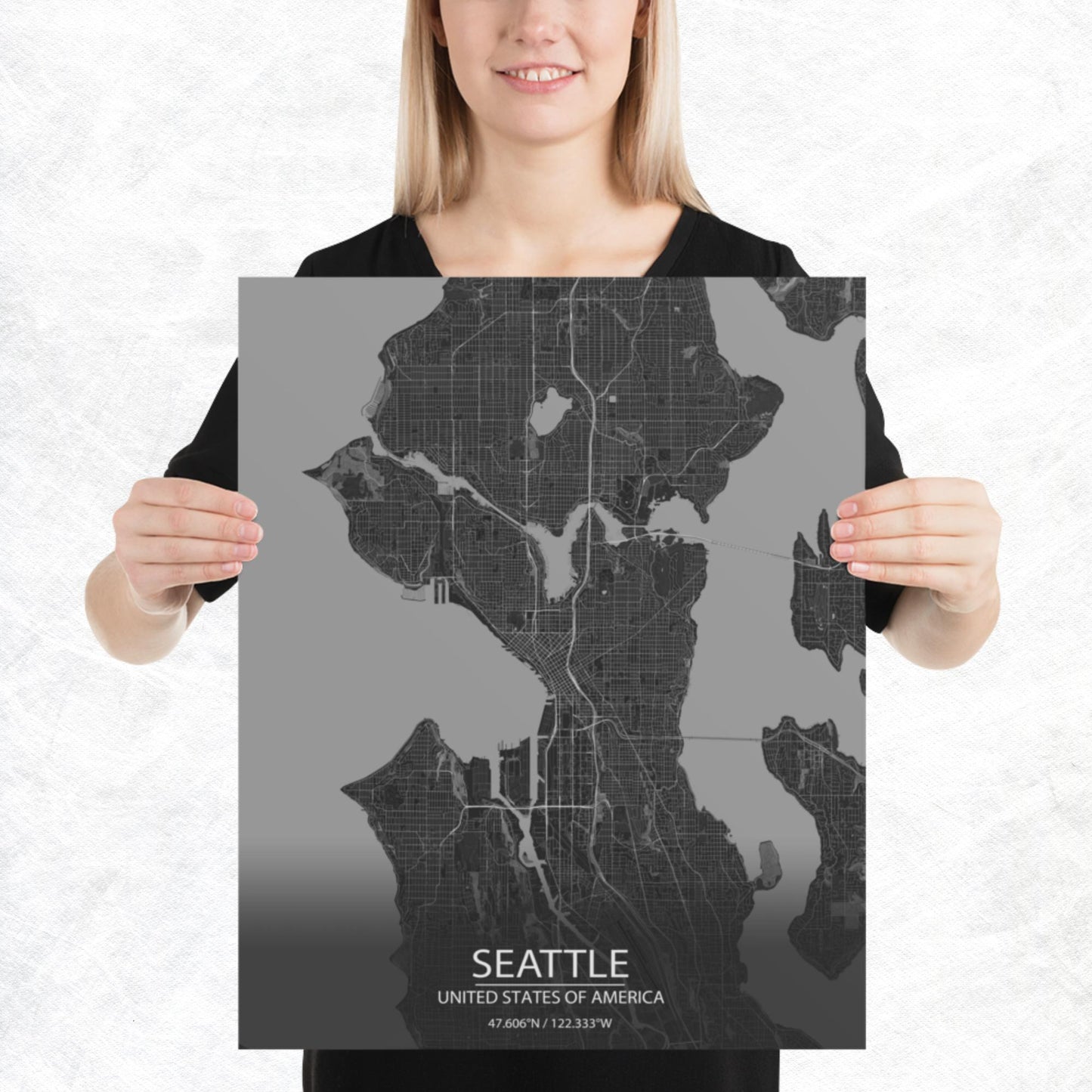 Seattle Dark Grey Paper Map