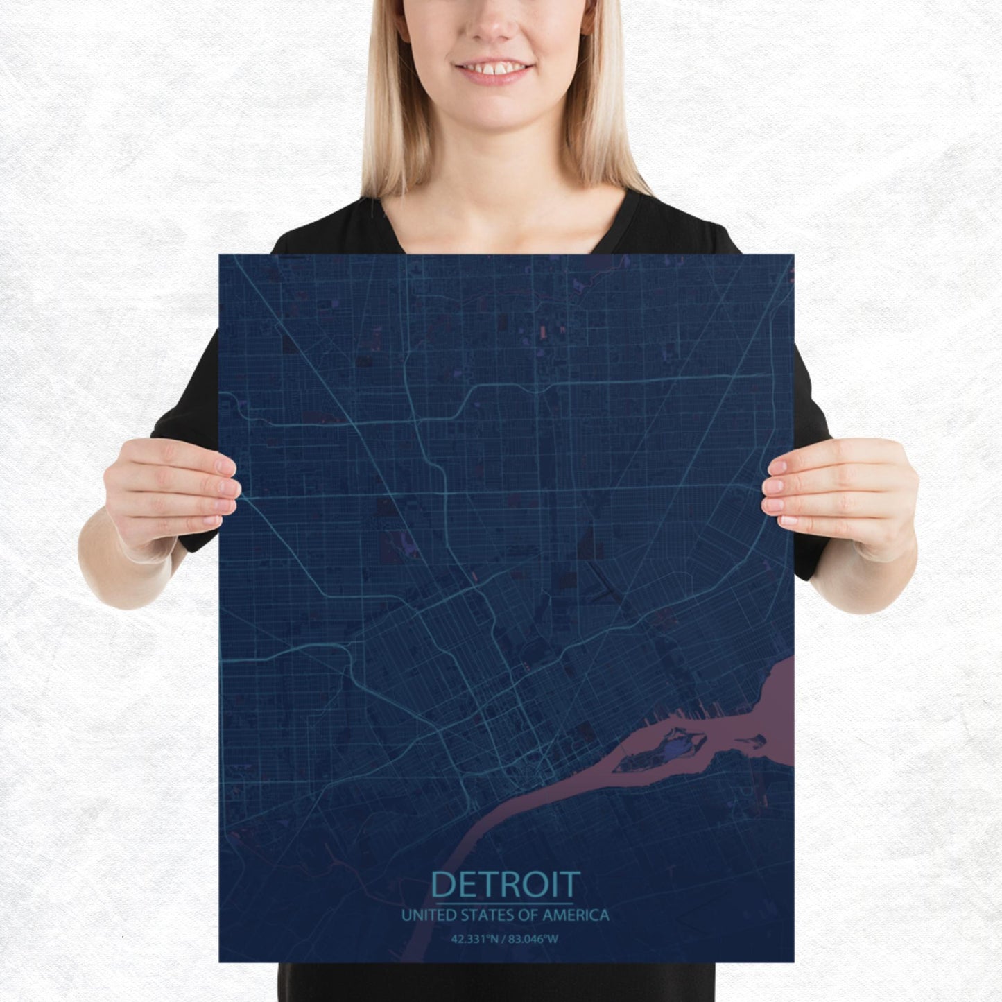 Detroit Blue and Purple Paper Map