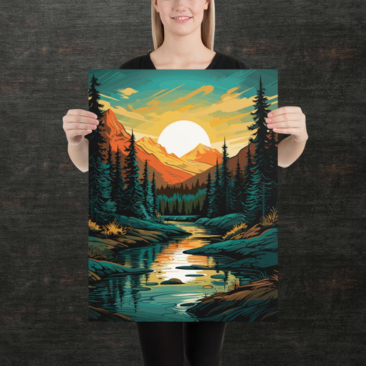 Forest Mountain River Paper Poster