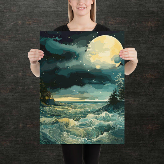 Nighttime Sea Moon Paper Poster