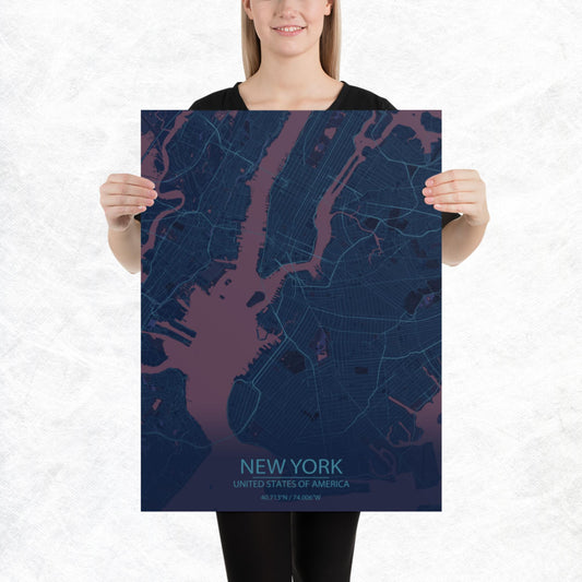 New York Blue and Purple Paper Map