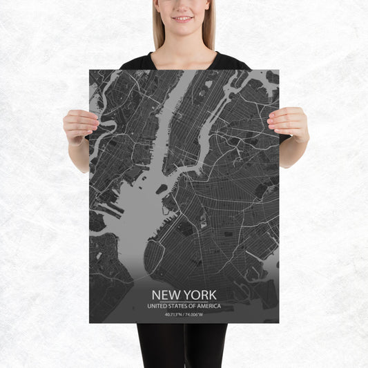 New York Dark Grey Paper Map