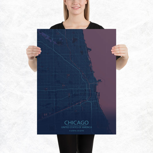 Chicago Blue and Purple Paper Map