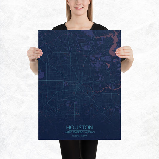 Houston Blue and Purple Paper Map