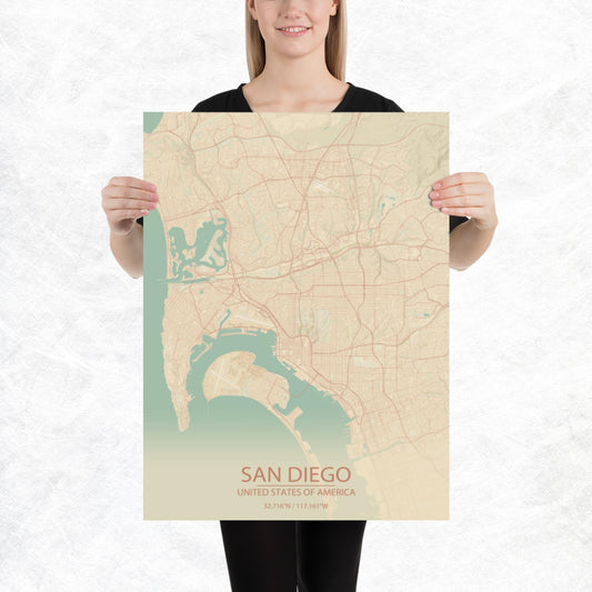 San Diego Vintage Style Paper Map