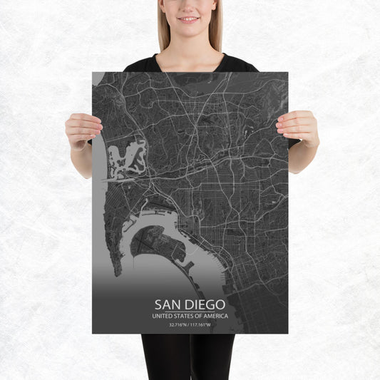 San Diego Dark Grey Paper Map