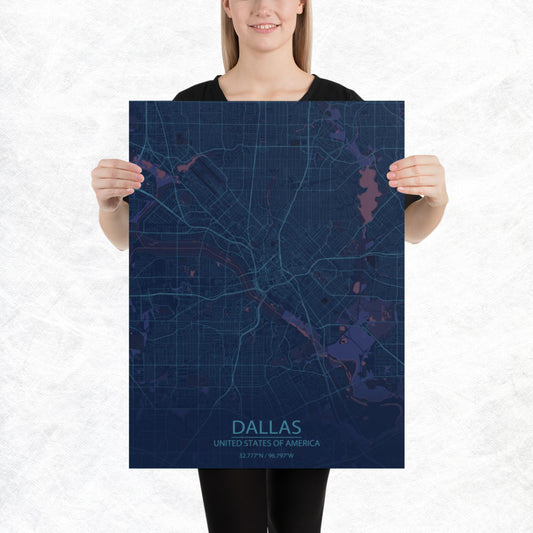 Dallas Blue and Purple Paper Map