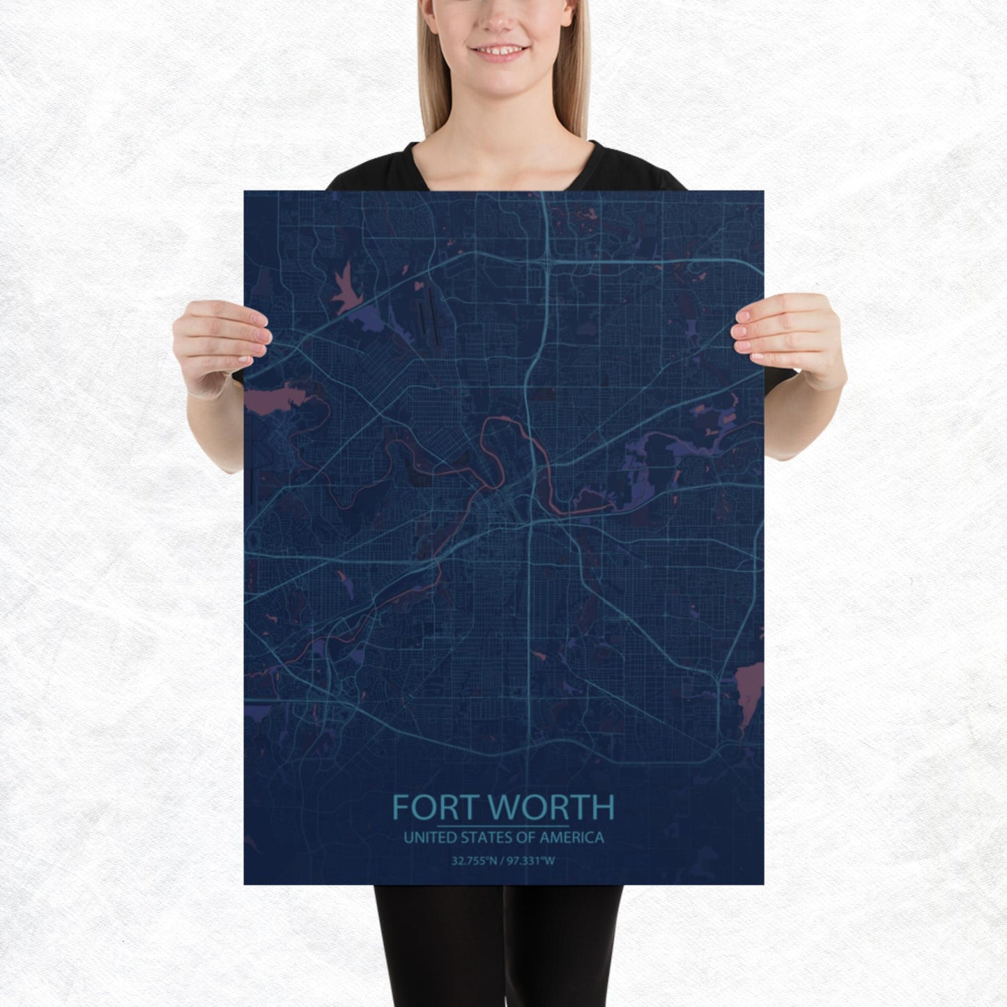 Fort Worth Blue and Purple Paper Map