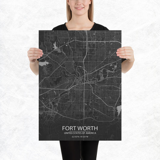 Fort Worth Dark Grey Paper Map