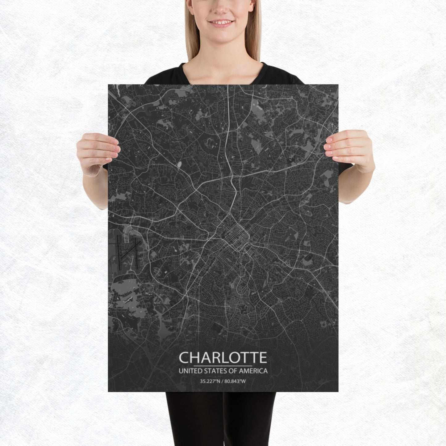 Charlotte Dark Grey Paper Map