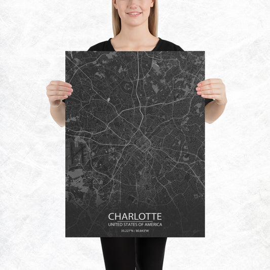 Charlotte Dark Grey Paper Map