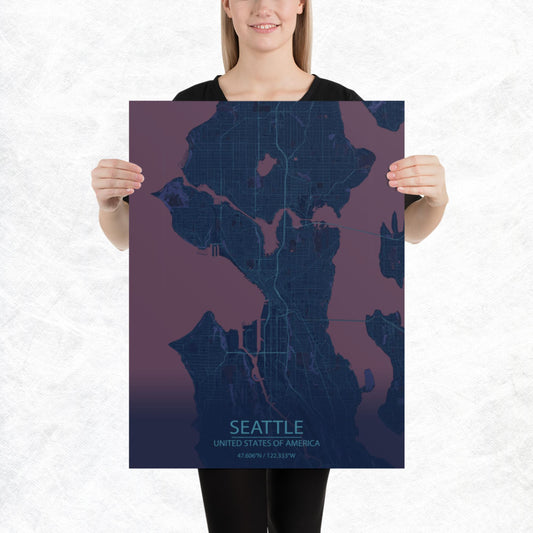 Seattle Blue and Purple Paper Map