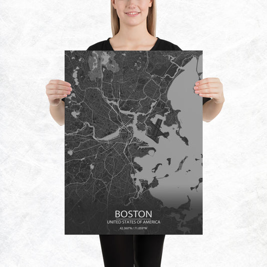 Boston Dark Grey Paper Map