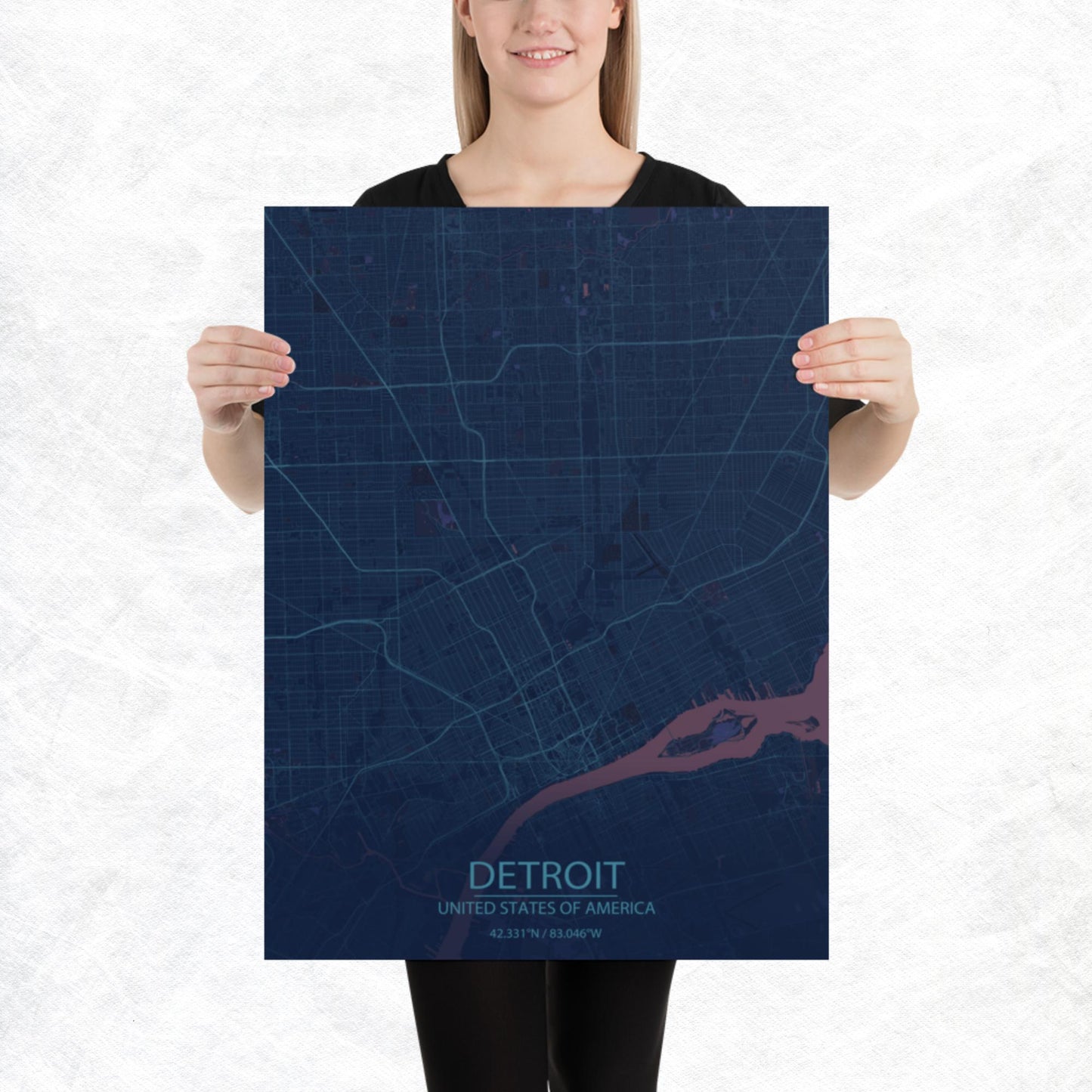 Detroit Blue and Purple Paper Map