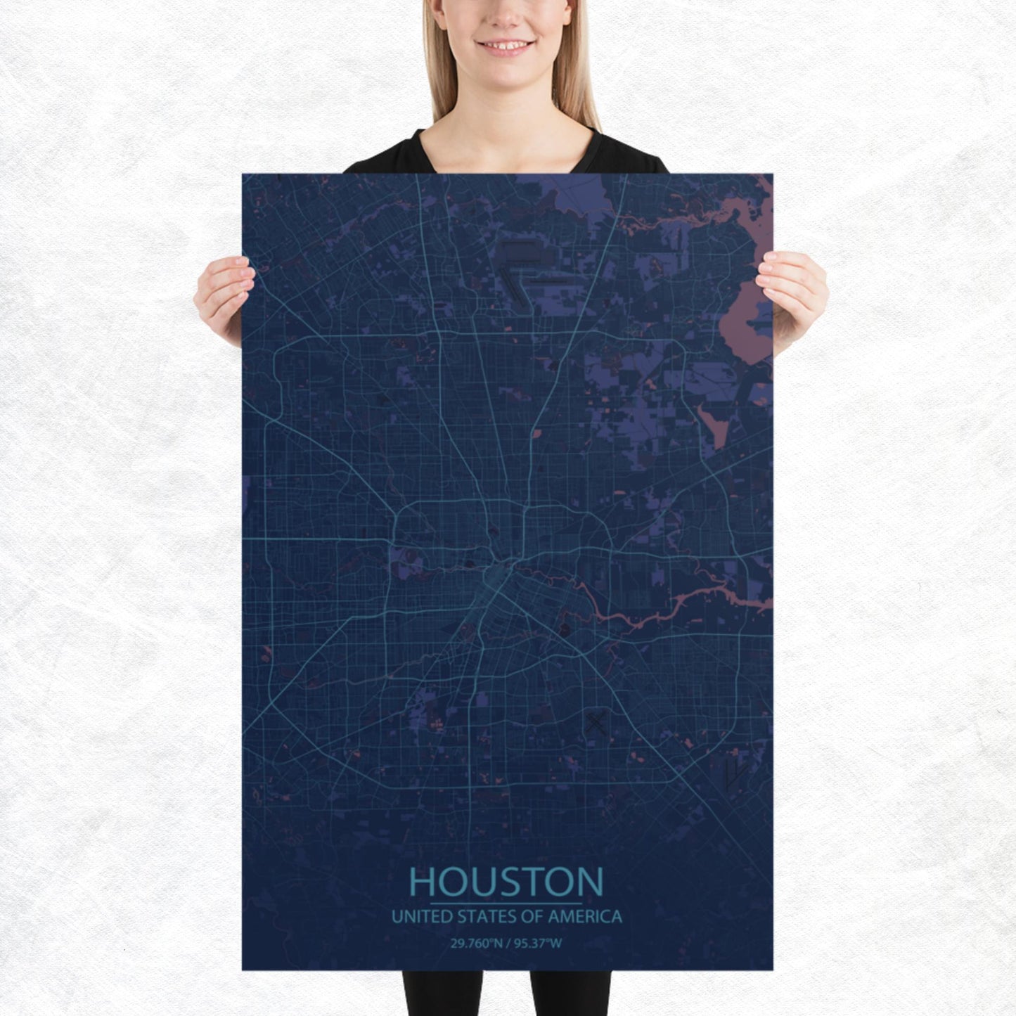 Houston Blue and Purple Paper Map