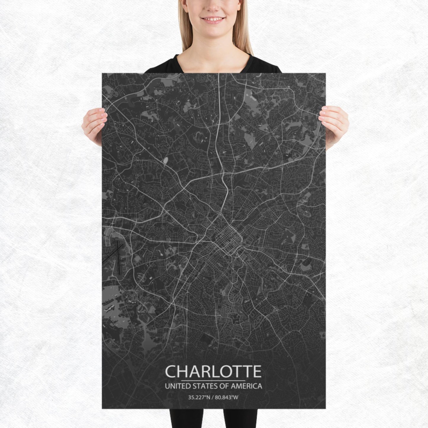 Charlotte Dark Grey Paper Map