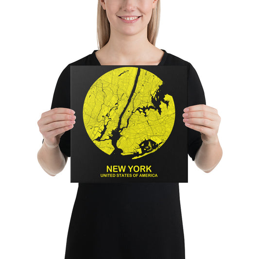 New York Circular Yellow Canvas Map