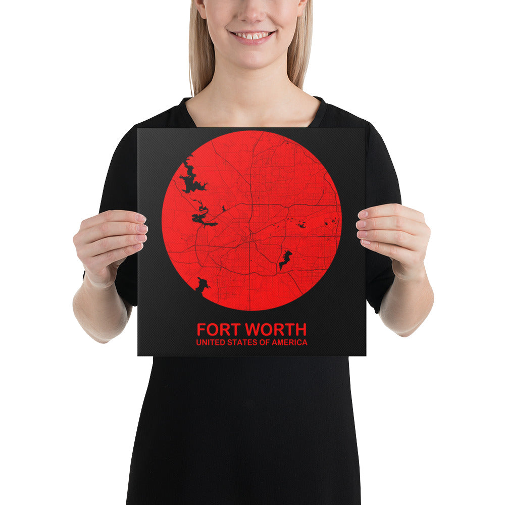 Fort Worth Circular Red Canvas Map