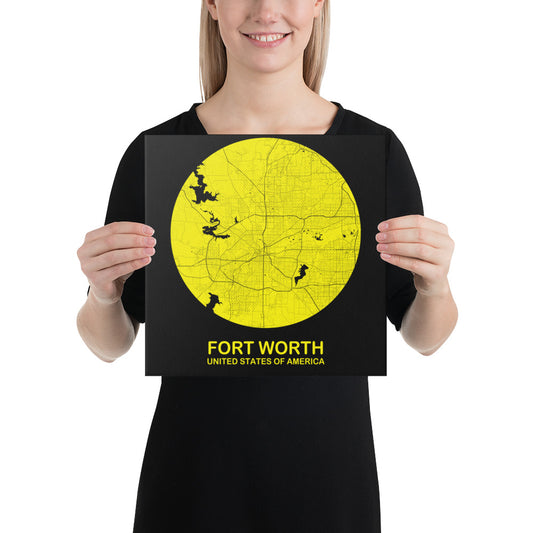 Fort Worth Circular Yellow Canvas Map