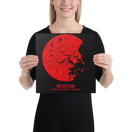 Boston Circular Red Canvas Map