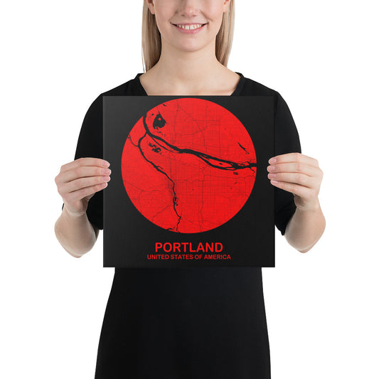 Portland Circular Red Canvas Map