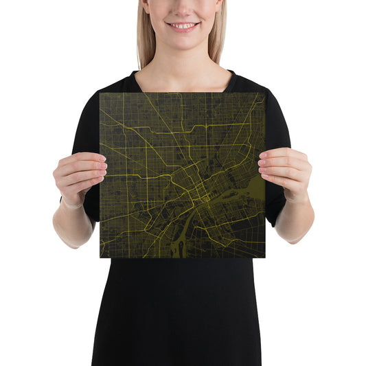 Detroit Black and Yellow Canvas Map