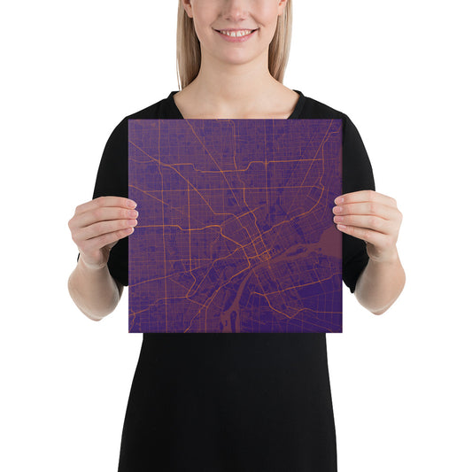 Detroit Purple and Orange Canvas Map