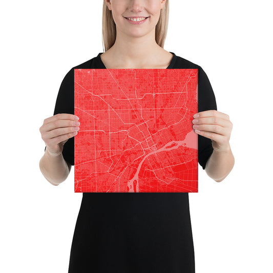 Detroit Red and White Canvas Map