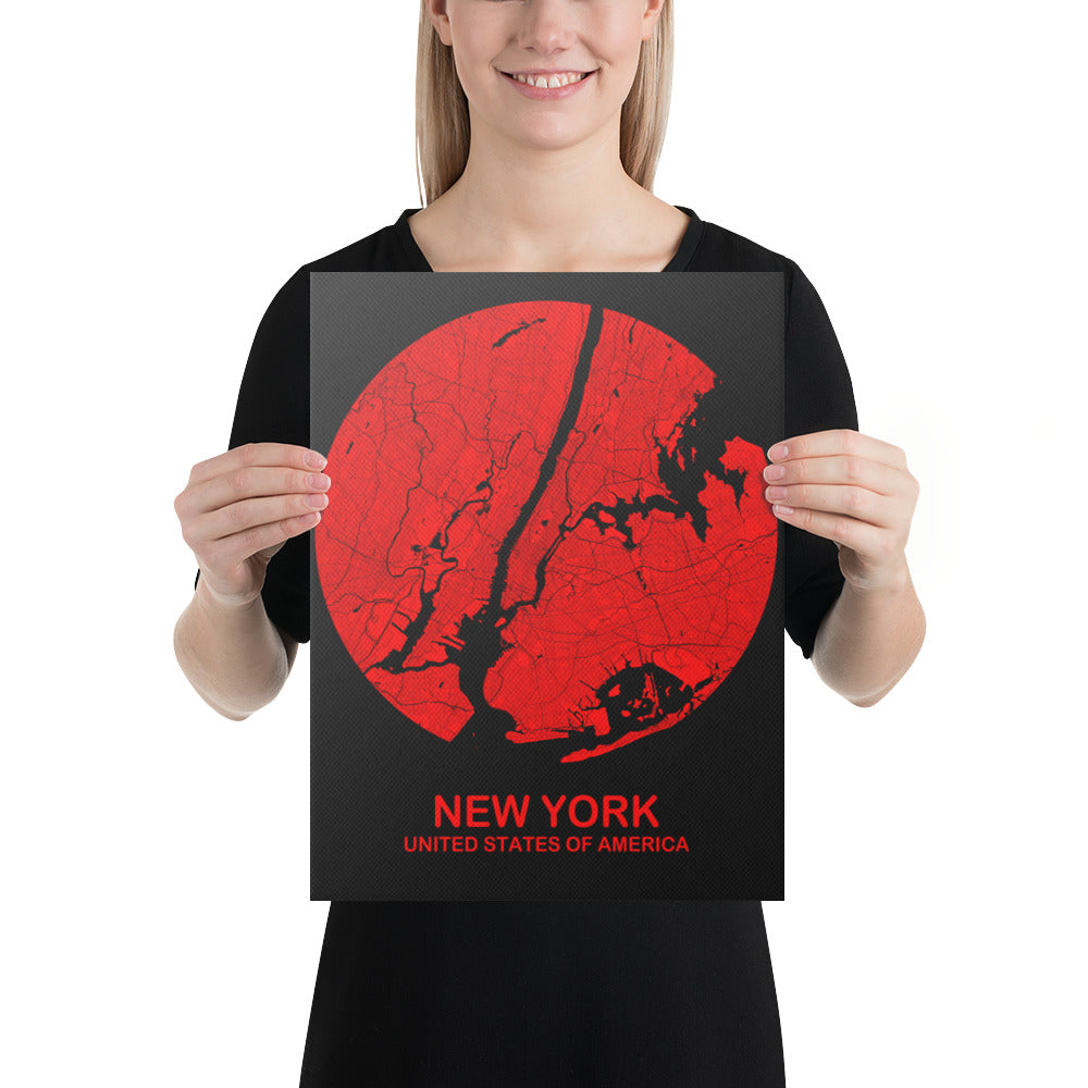 New York Circular Red Canvas Map