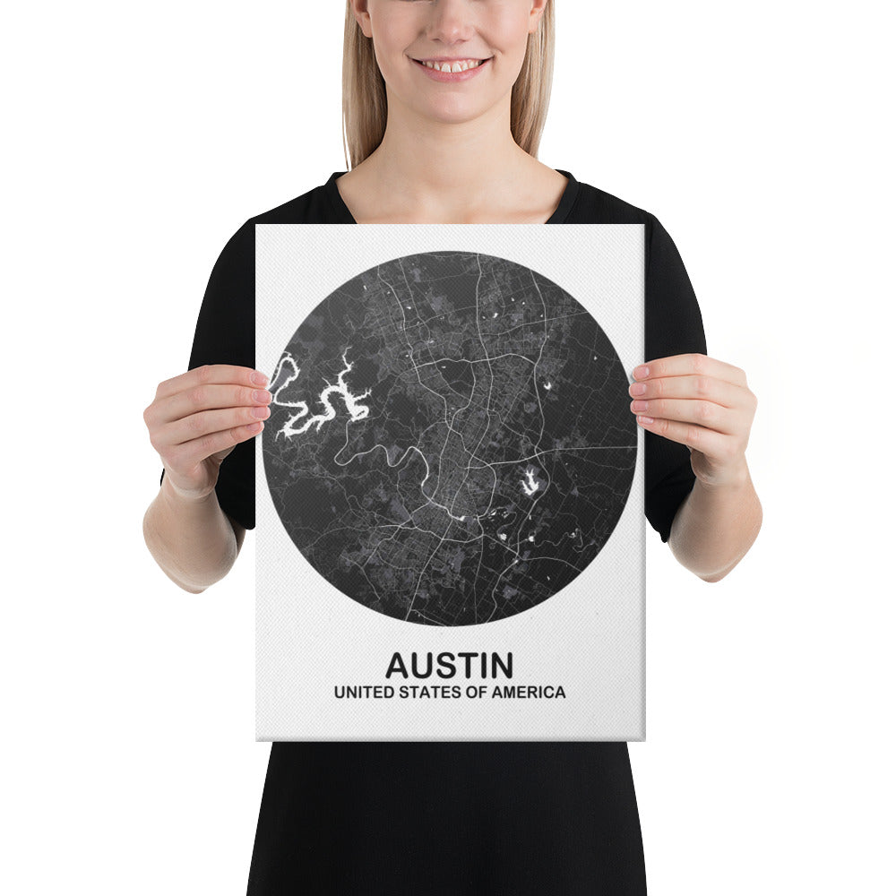 Austin Circular Black Canvas Map