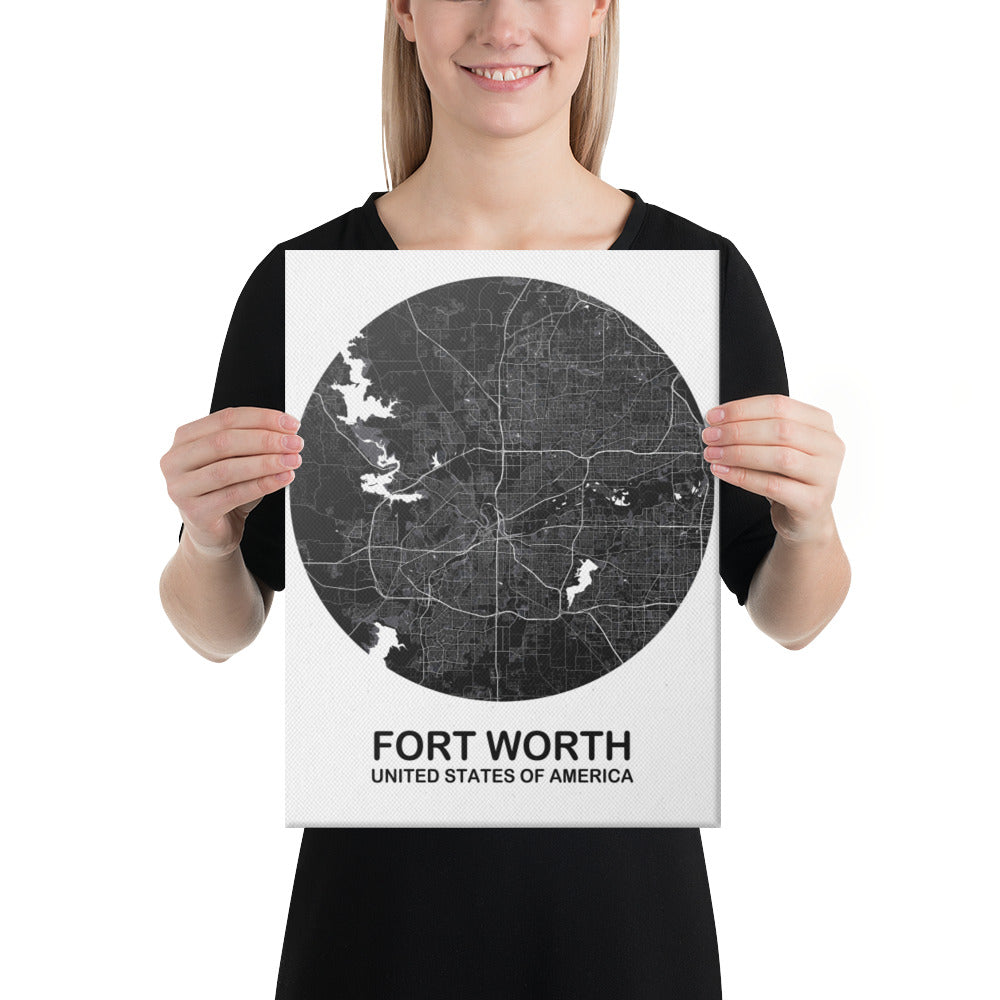 Fort Worth Circular Black Canvas Map