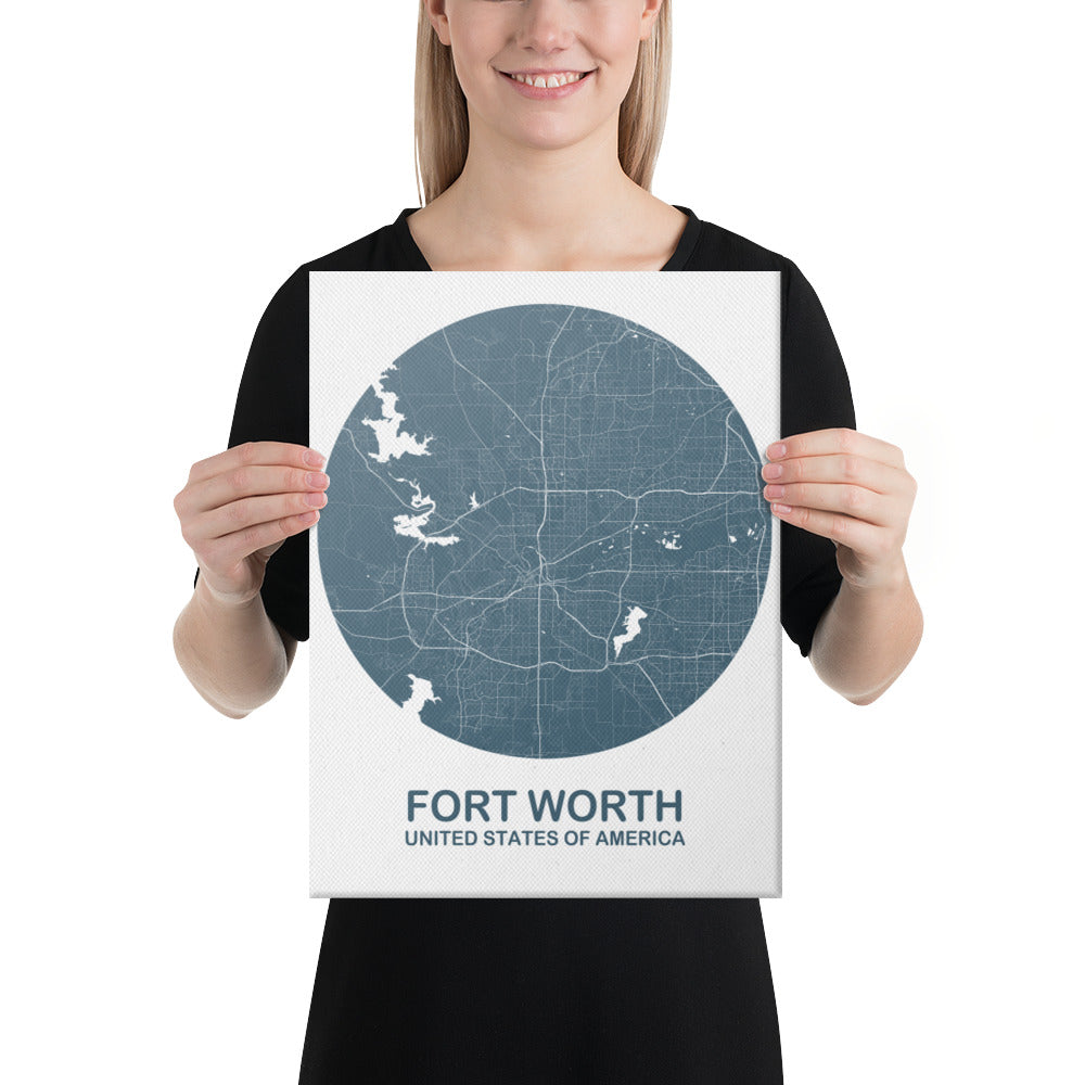 Fort Worth Circular Blue Canvas Map