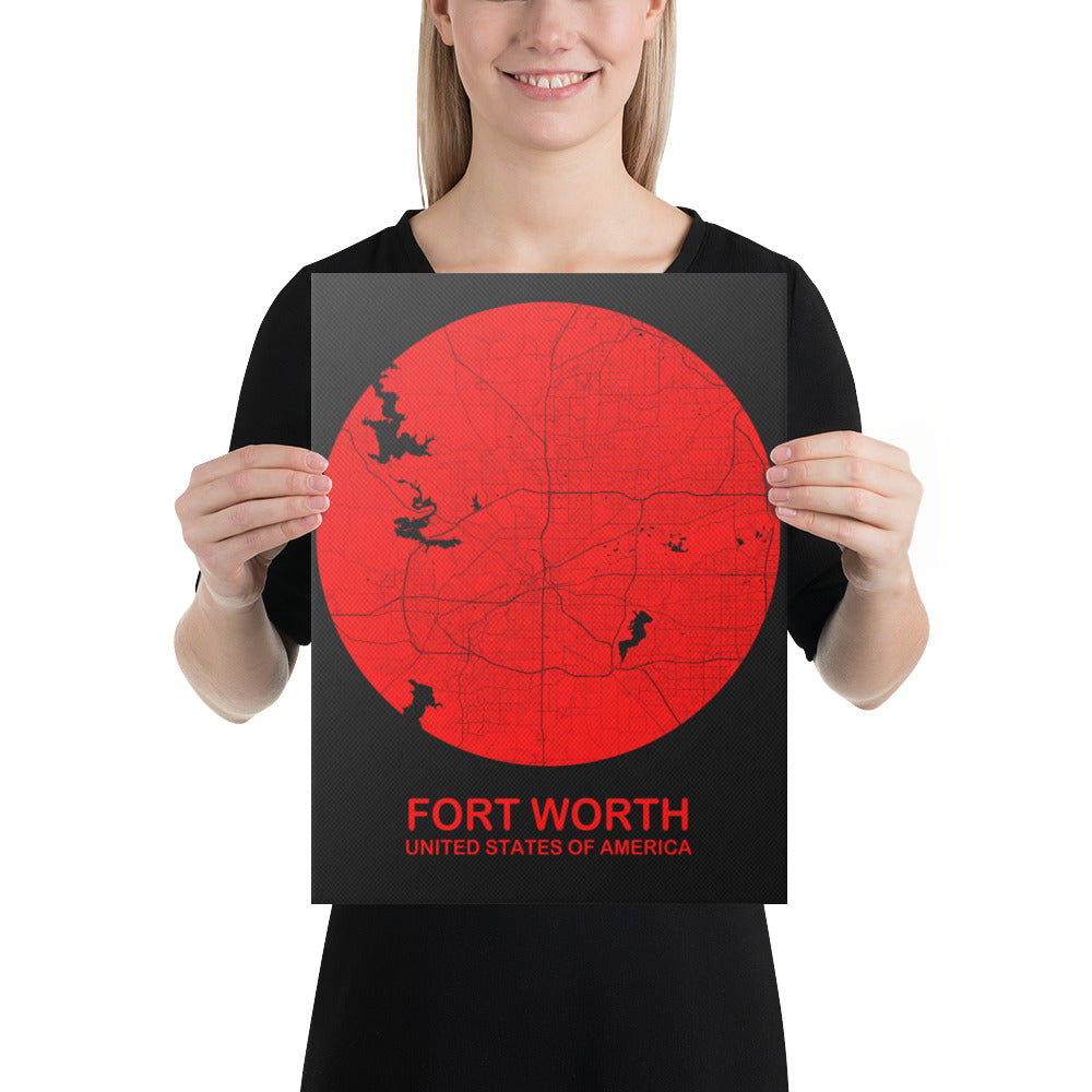 Fort Worth Circular Red Canvas Map