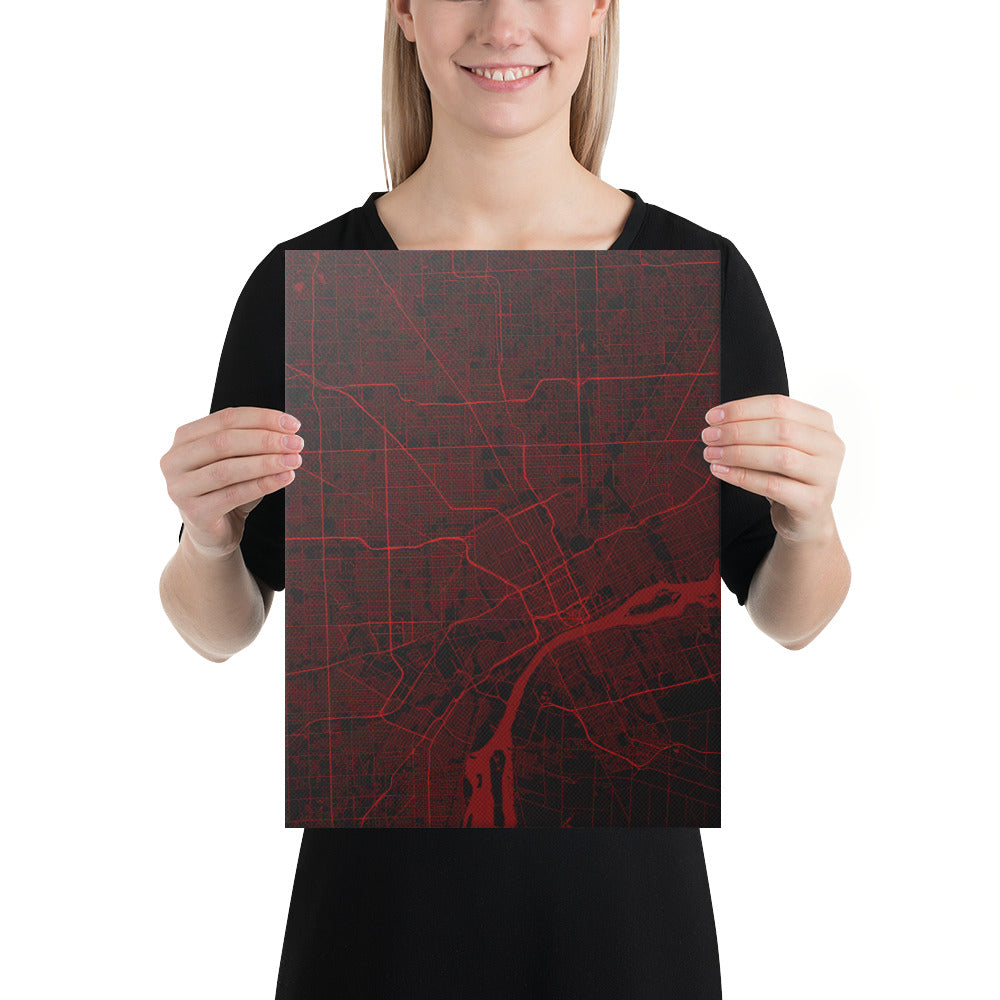 Detroit Black and Red Canvas Map