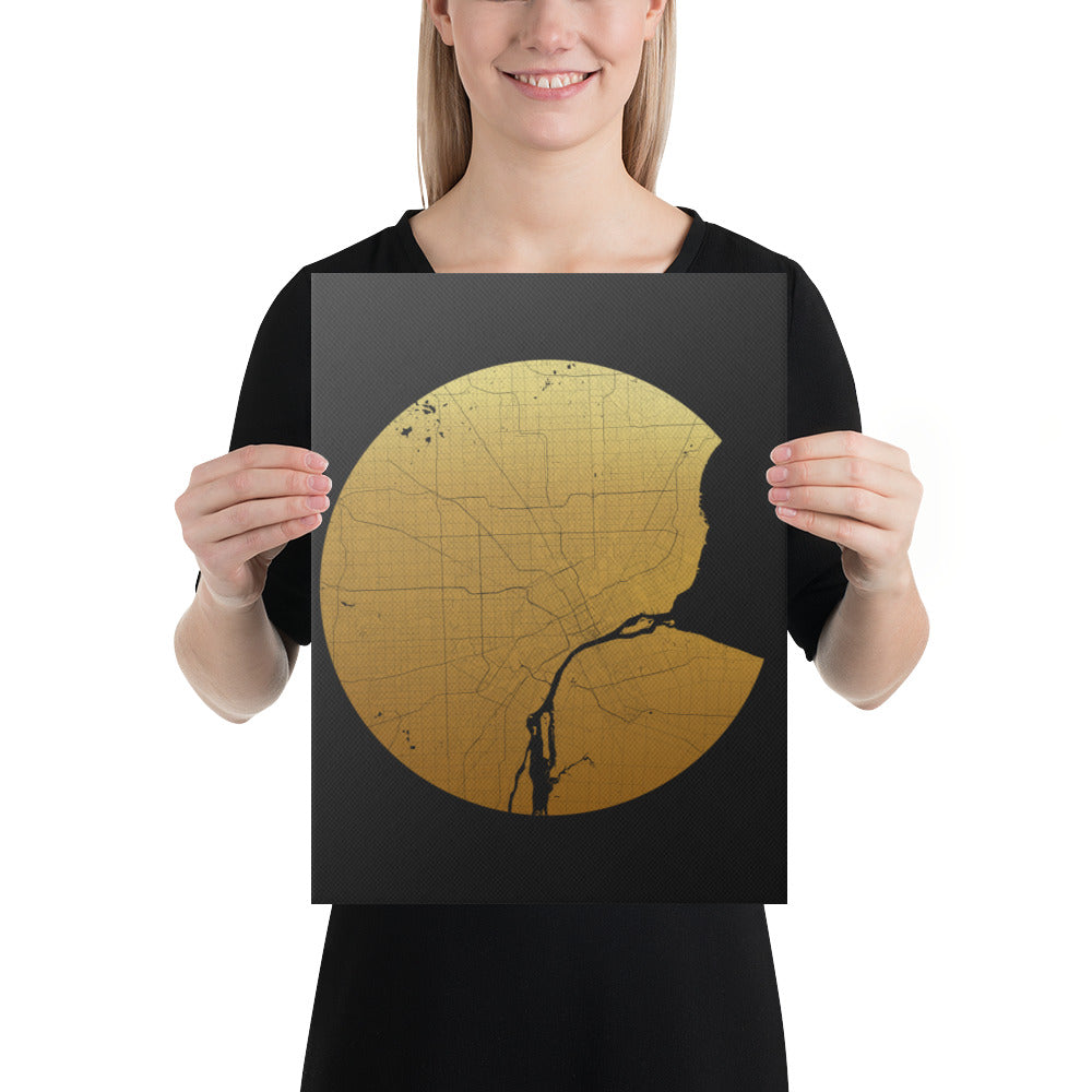 Detroit Gold on Black Canvas Map