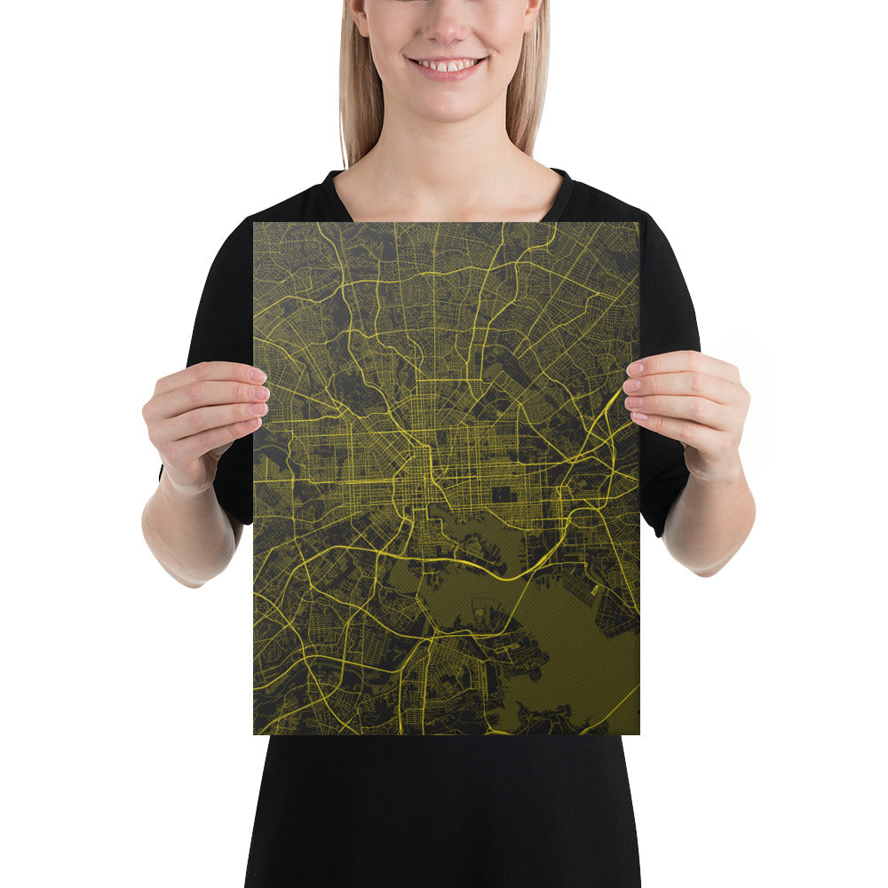 Baltimore Black and Yellow Canvas Map