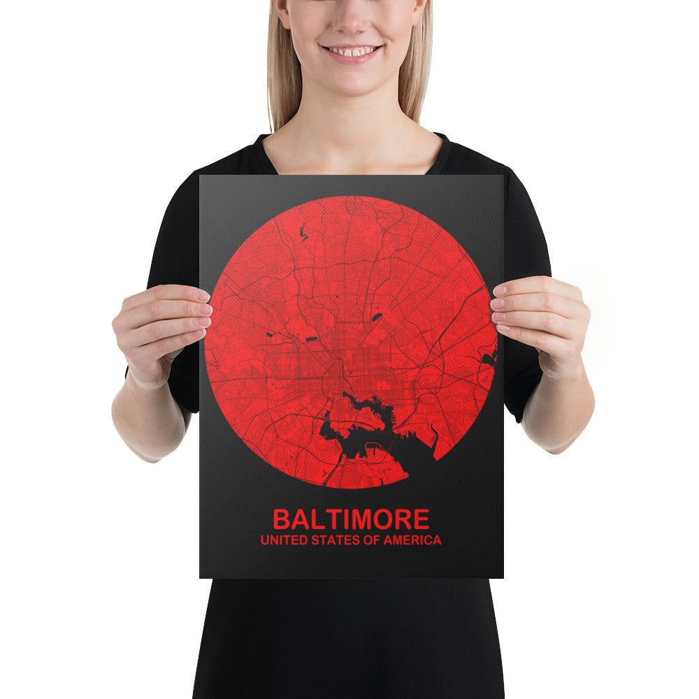 Baltimore Circular Red Canvas Map