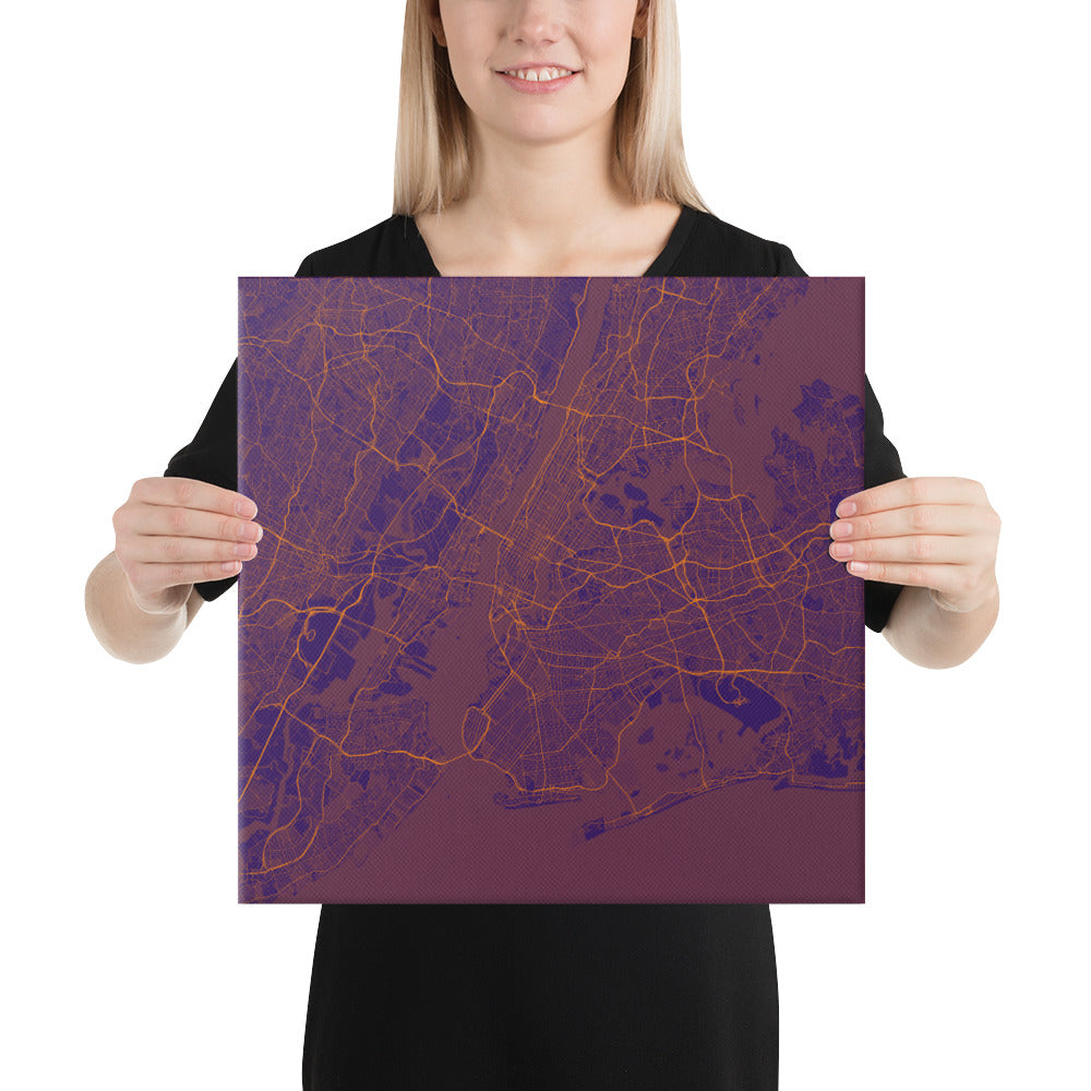 New York Purple and Orange Canvas Map