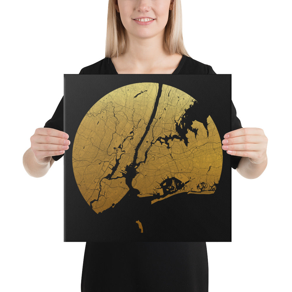 New York Gold on Black Canvas Map