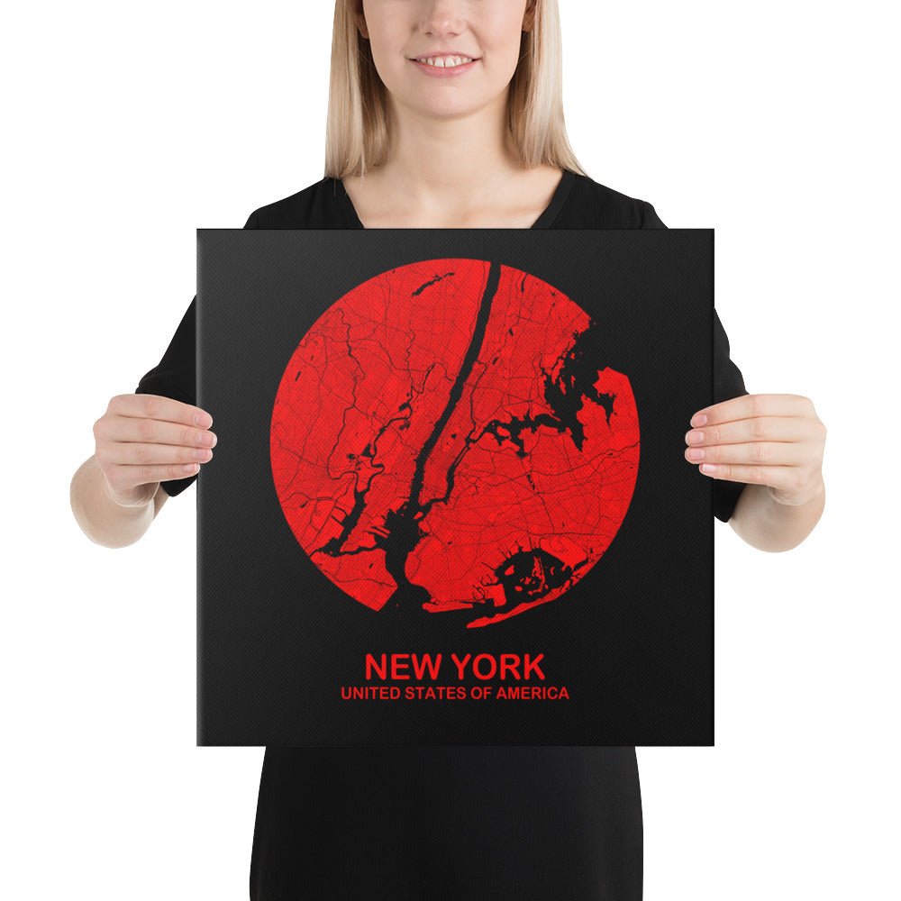 New York Circular Red Canvas Map